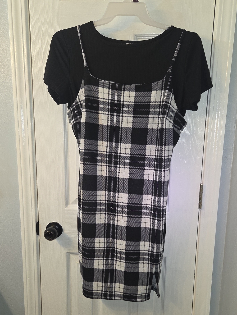No Boundaries Black and White Plaid Slip Dress with Black Tee